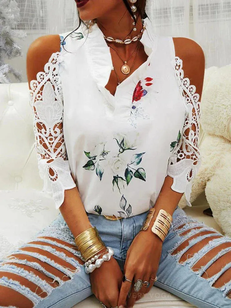2024 Elegant Out Lace Hollow Strapless Printed Casual Autumn Sexy V-Neck Short Sleeve Top