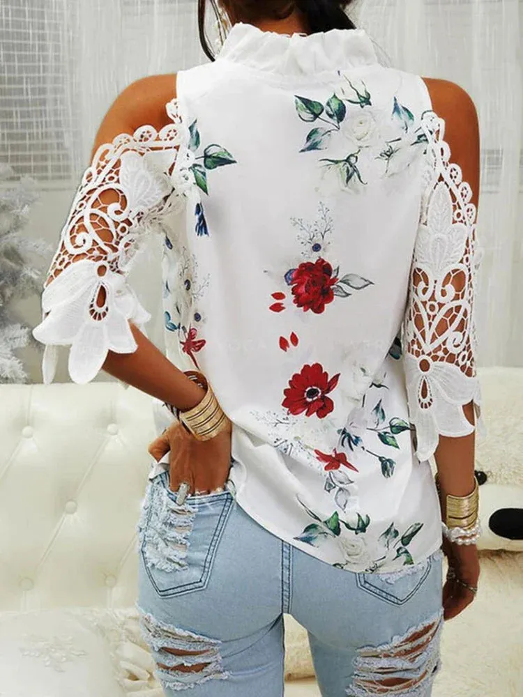 2024 Elegant Out Lace Hollow Strapless Printed Casual Autumn Sexy V-Neck Short Sleeve Top