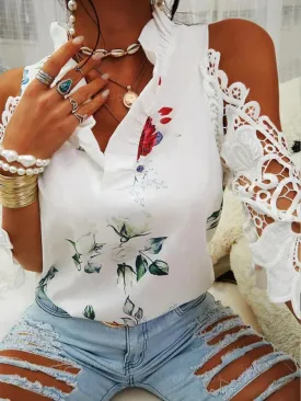 2024 Elegant Out Lace Hollow Strapless Printed Casual Autumn Sexy V-Neck Short Sleeve Top
