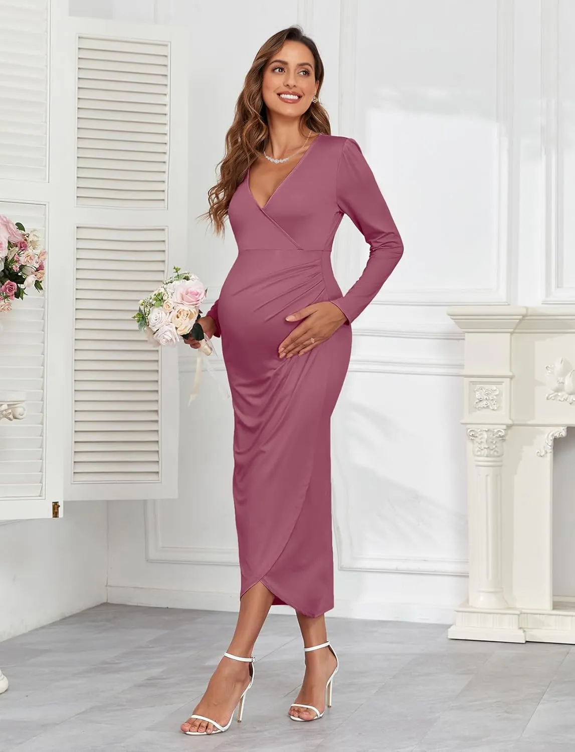 2025 Womens Maternity Wrap Dress V Neck Ruffle Sleeves Semi Formal Baby Shower Photoshoot Party Cocktail Pregnancy