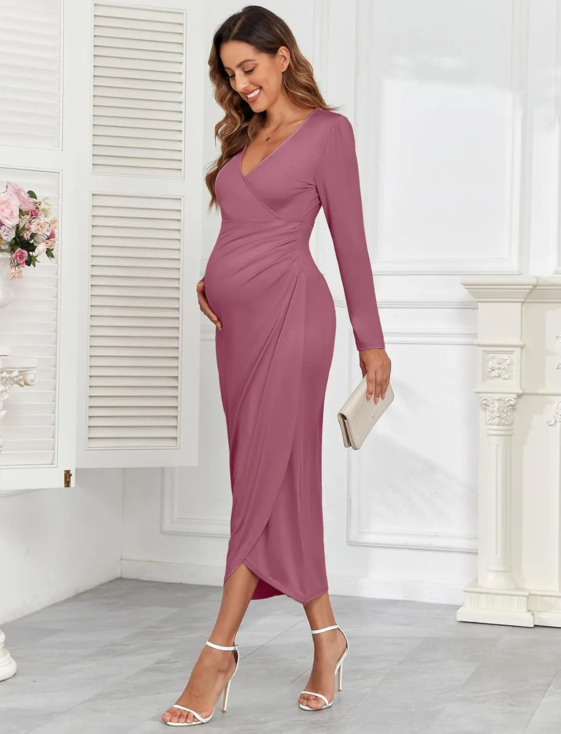 2025 Womens Maternity Wrap Dress V Neck Ruffle Sleeves Semi Formal Baby Shower Photoshoot Party Cocktail Pregnancy