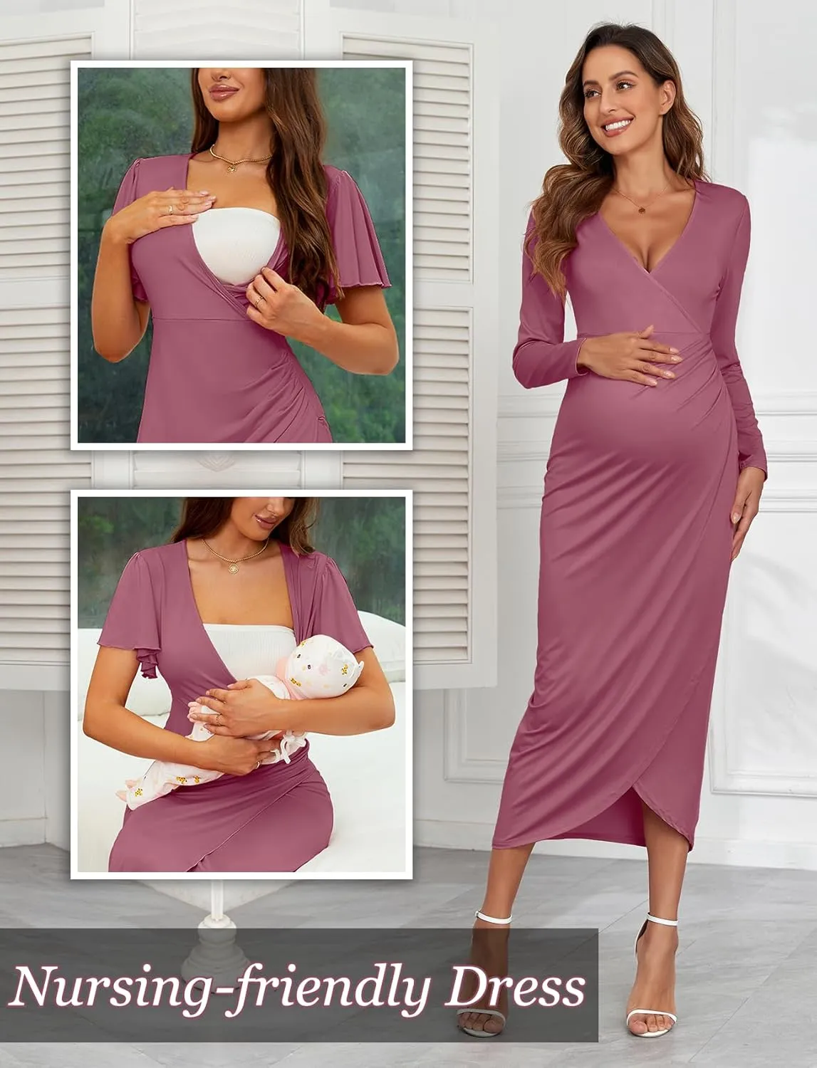 2025 Womens Maternity Wrap Dress V Neck Ruffle Sleeves Semi Formal Baby Shower Photoshoot Party Cocktail Pregnancy