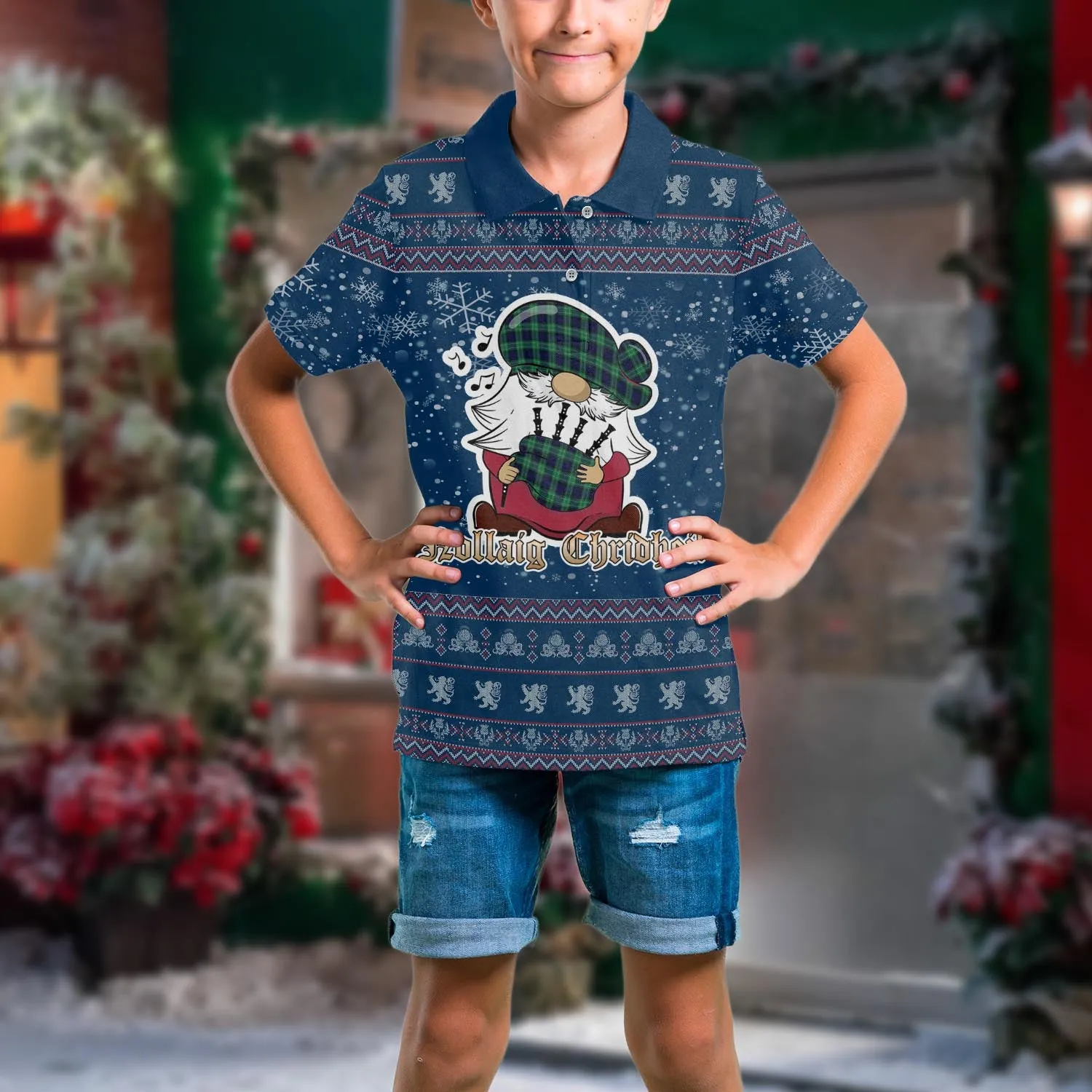 Abercrombie Clan Christmas Family Polo Shirt with Funny Gnome Playing Bagpipes