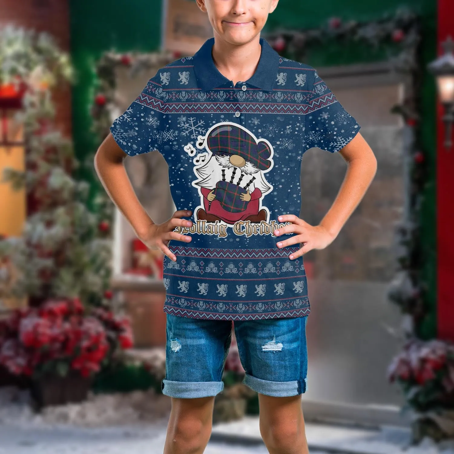 Agnew Clan Christmas Family Polo Shirt with Funny Gnome Playing Bagpipes