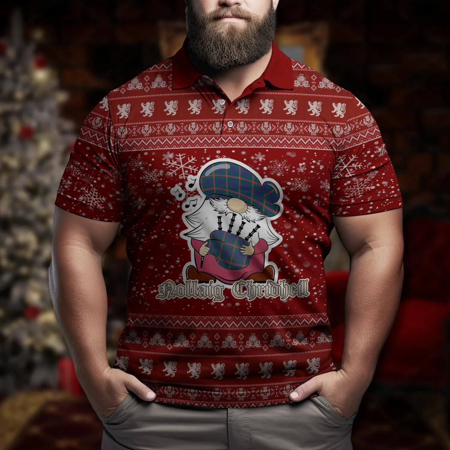 Agnew Clan Christmas Family Polo Shirt with Funny Gnome Playing Bagpipes