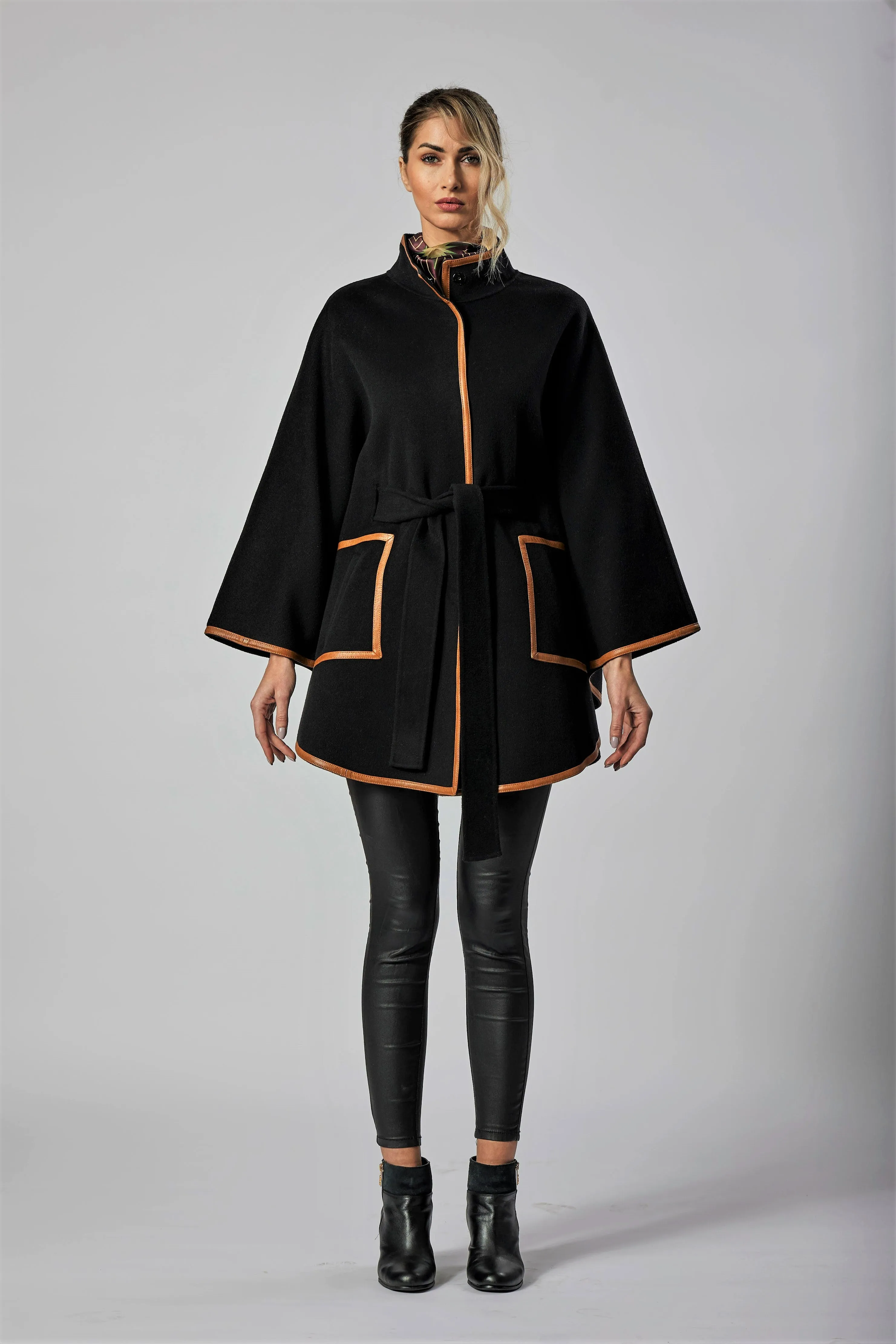 ALICE Black Belted Cape Coat in Virgin Wool Cashmere Black Leather
