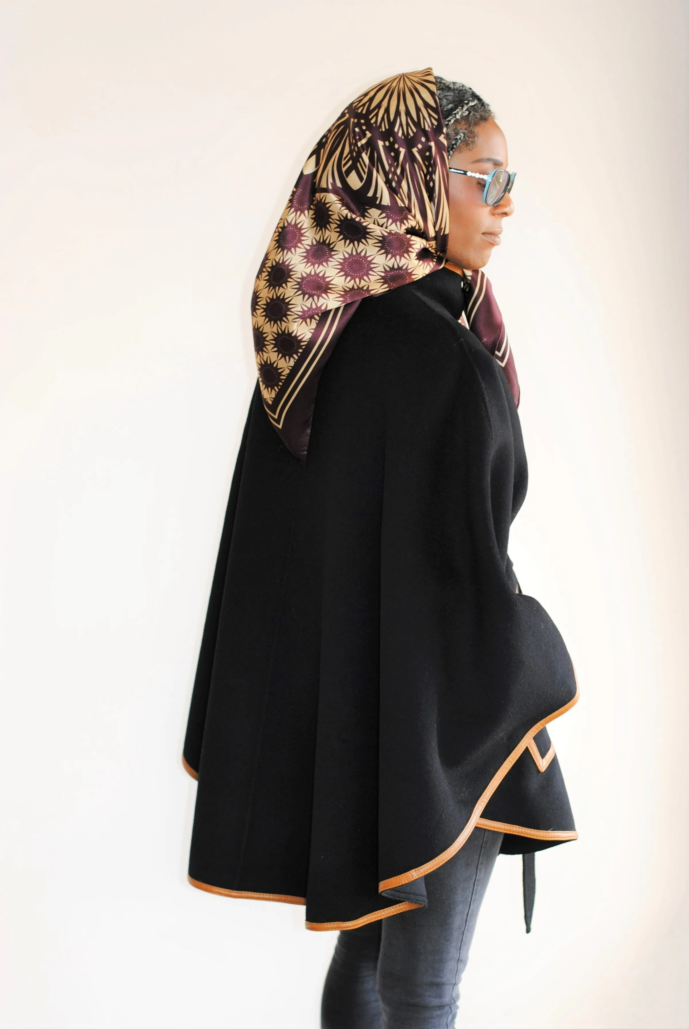 ALICE Black Belted Cape Coat in Virgin Wool Cashmere Black Leather