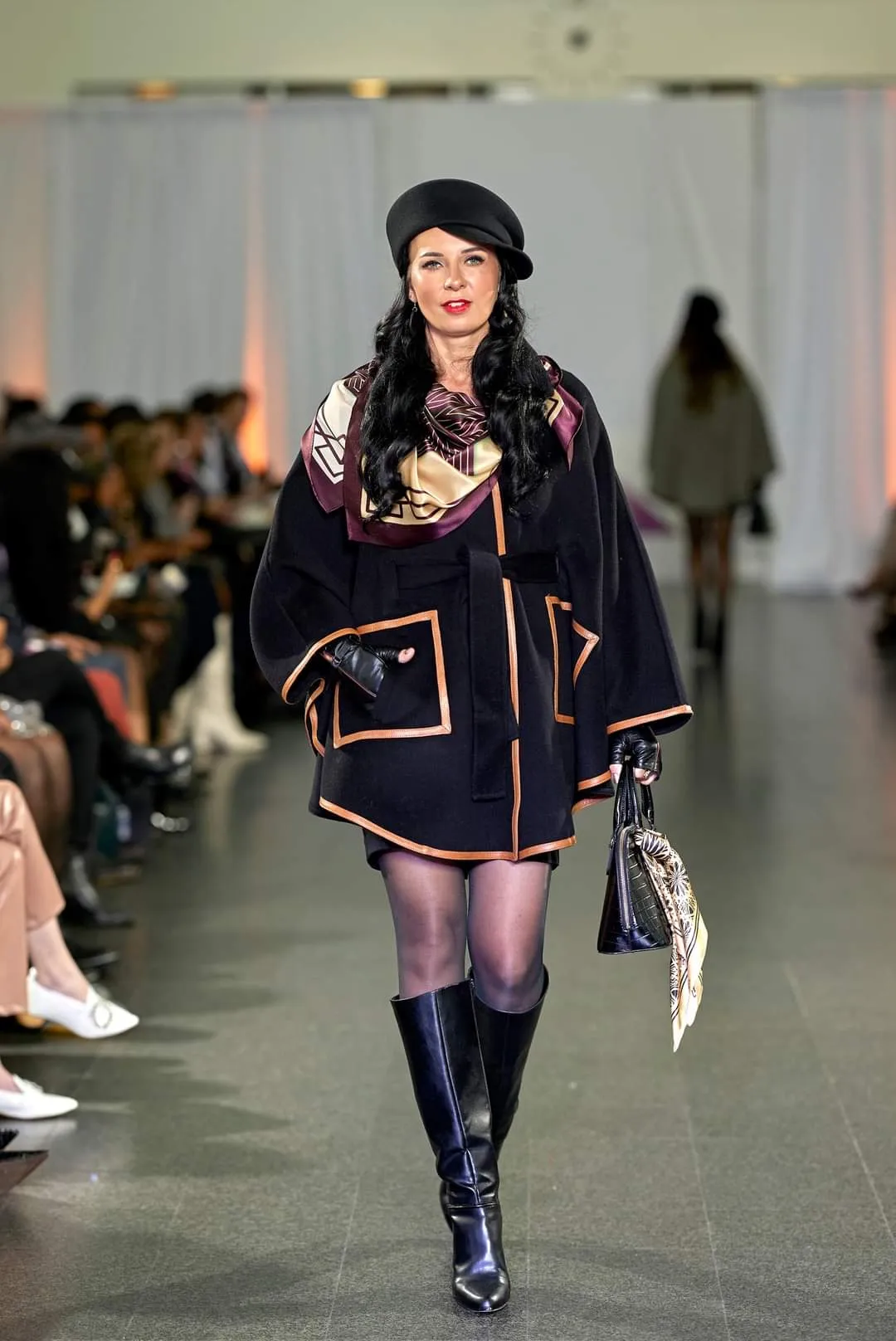 ALICE Black Belted Cape Coat in Virgin Wool Cashmere Black Leather