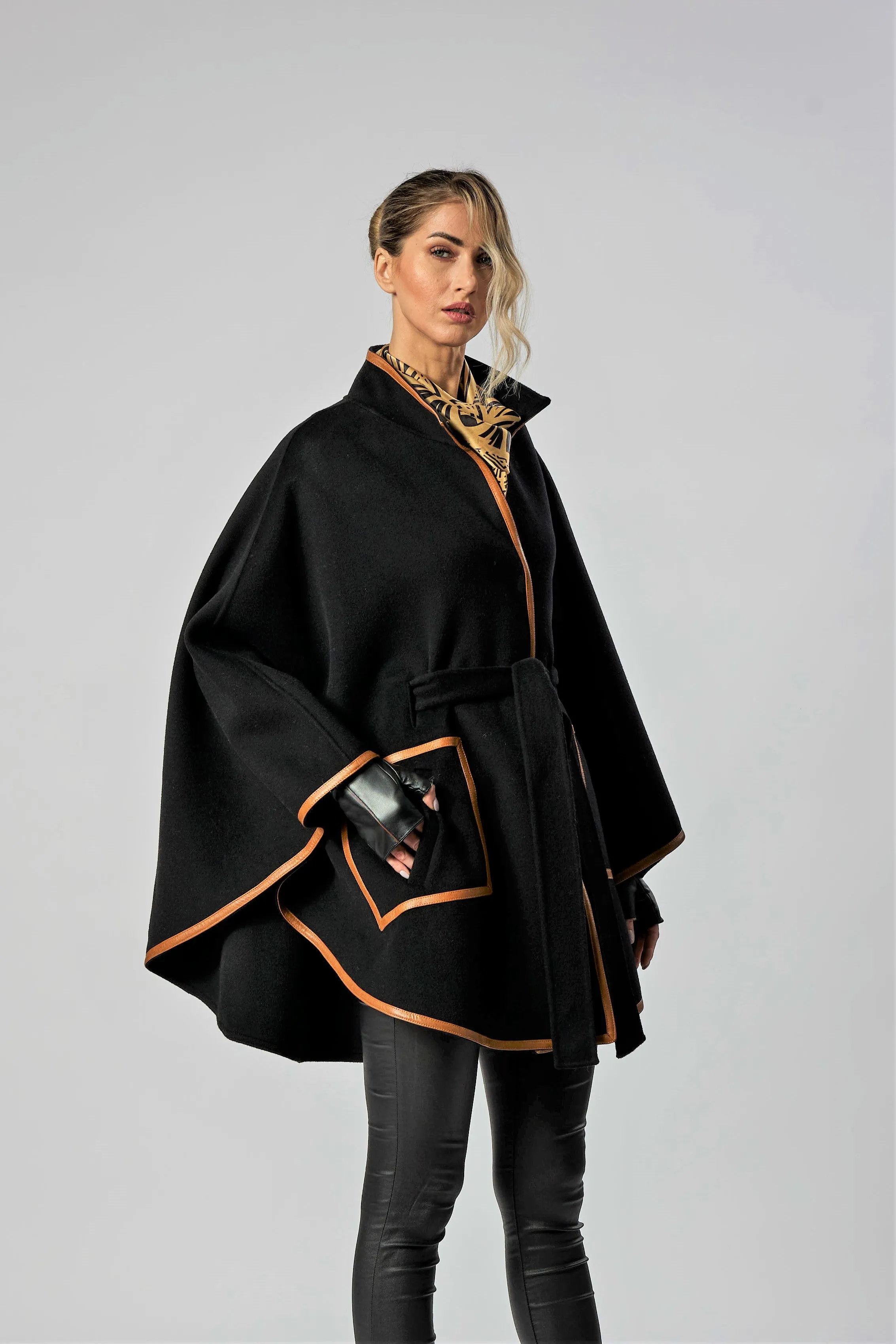 ALICE Black Belted Cape Coat in Virgin Wool Cashmere Black Leather