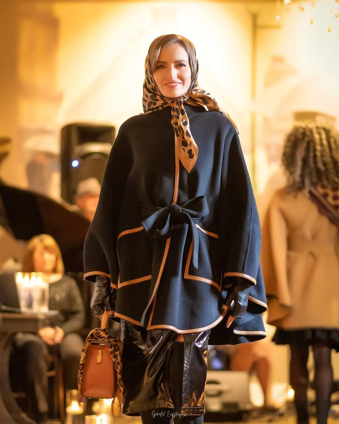 ALICE Black Belted Cape Coat in Virgin Wool Cashmere Black Leather
