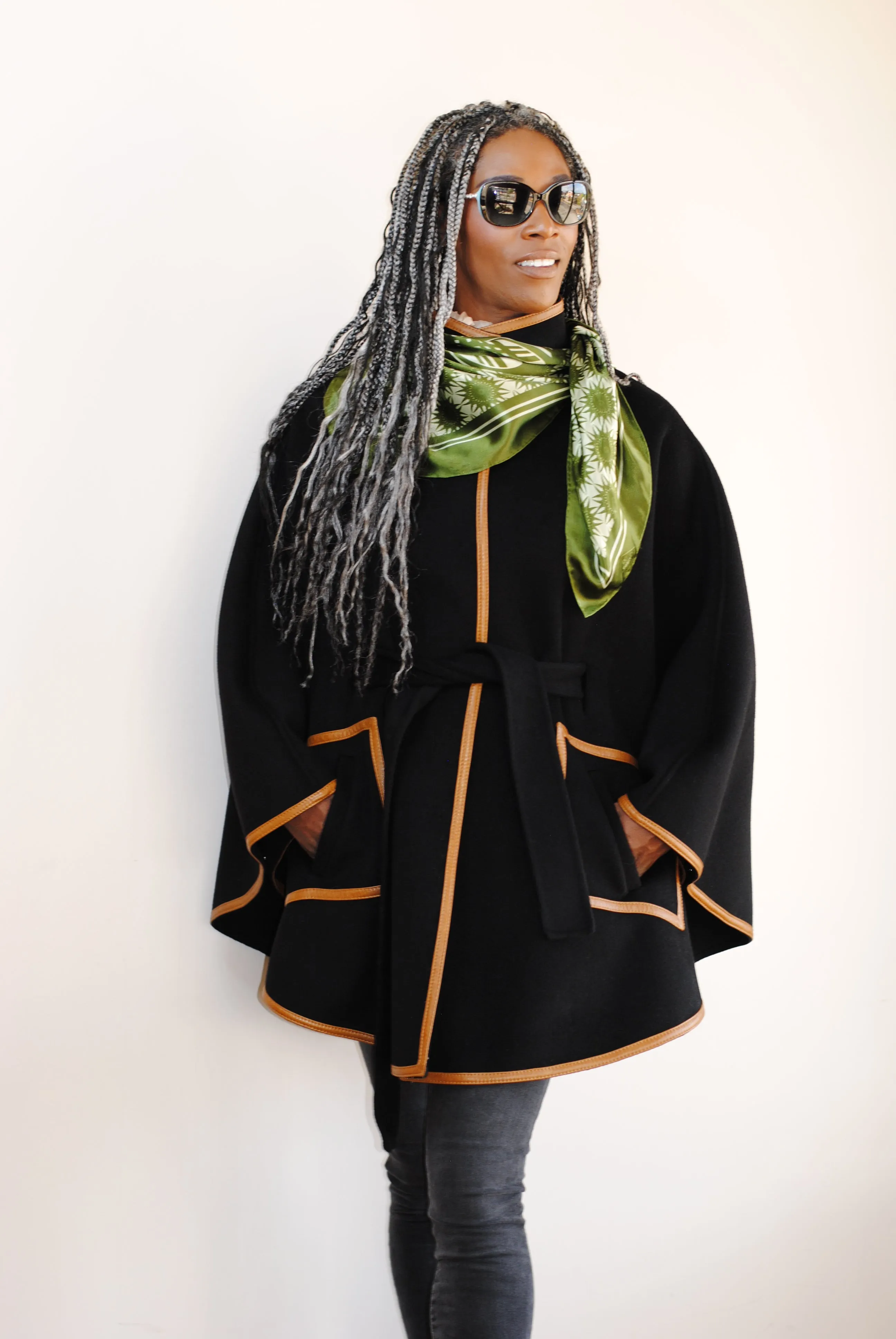 ALICE Black Belted Cape Coat in Virgin Wool Cashmere Black Leather