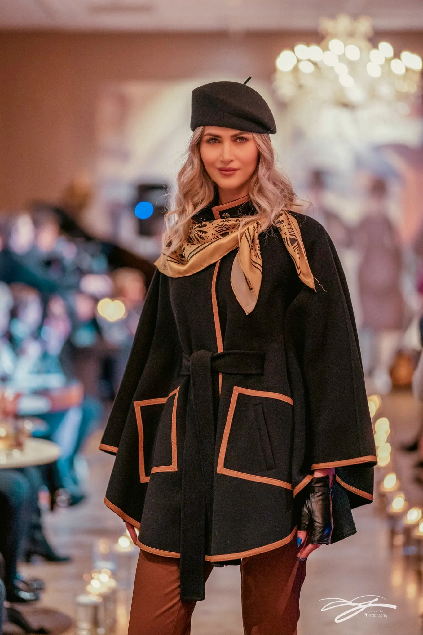 ALICE Black Belted Cape Coat in Virgin Wool Cashmere Black Leather