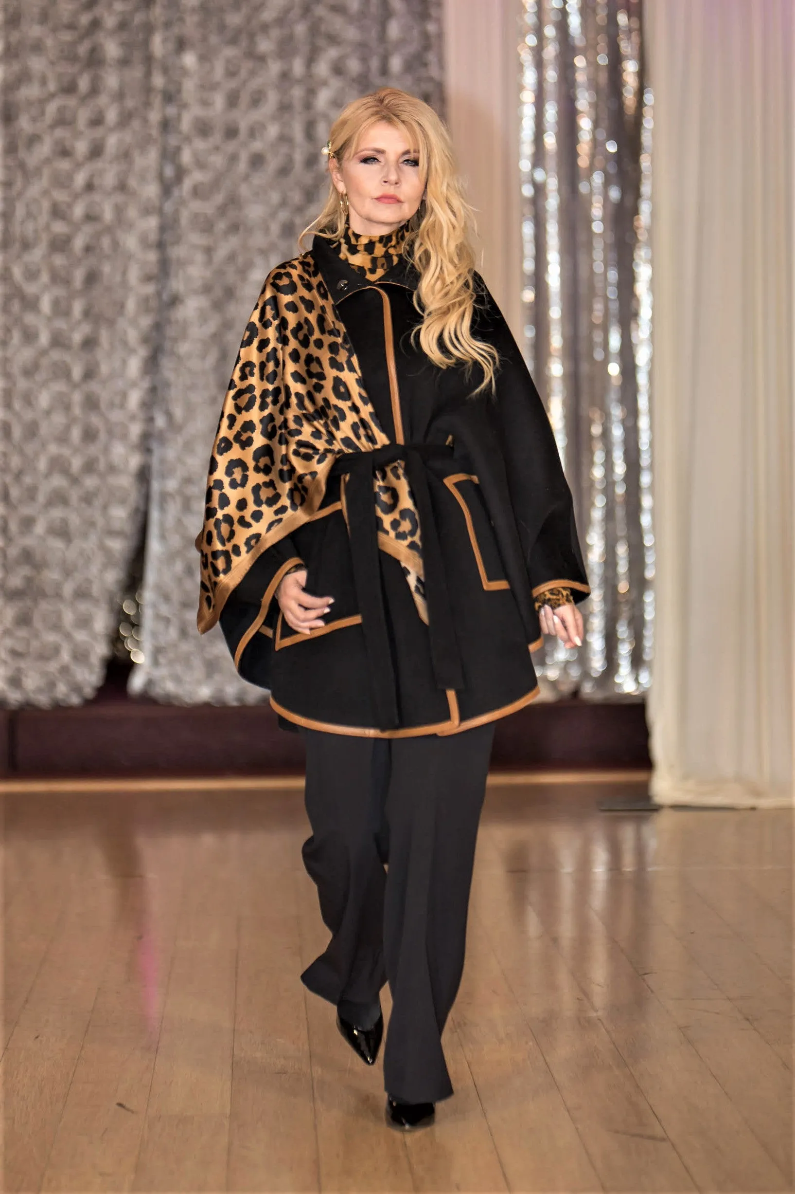 ALICE Black Belted Cape Coat in Virgin Wool Cashmere Black Leather