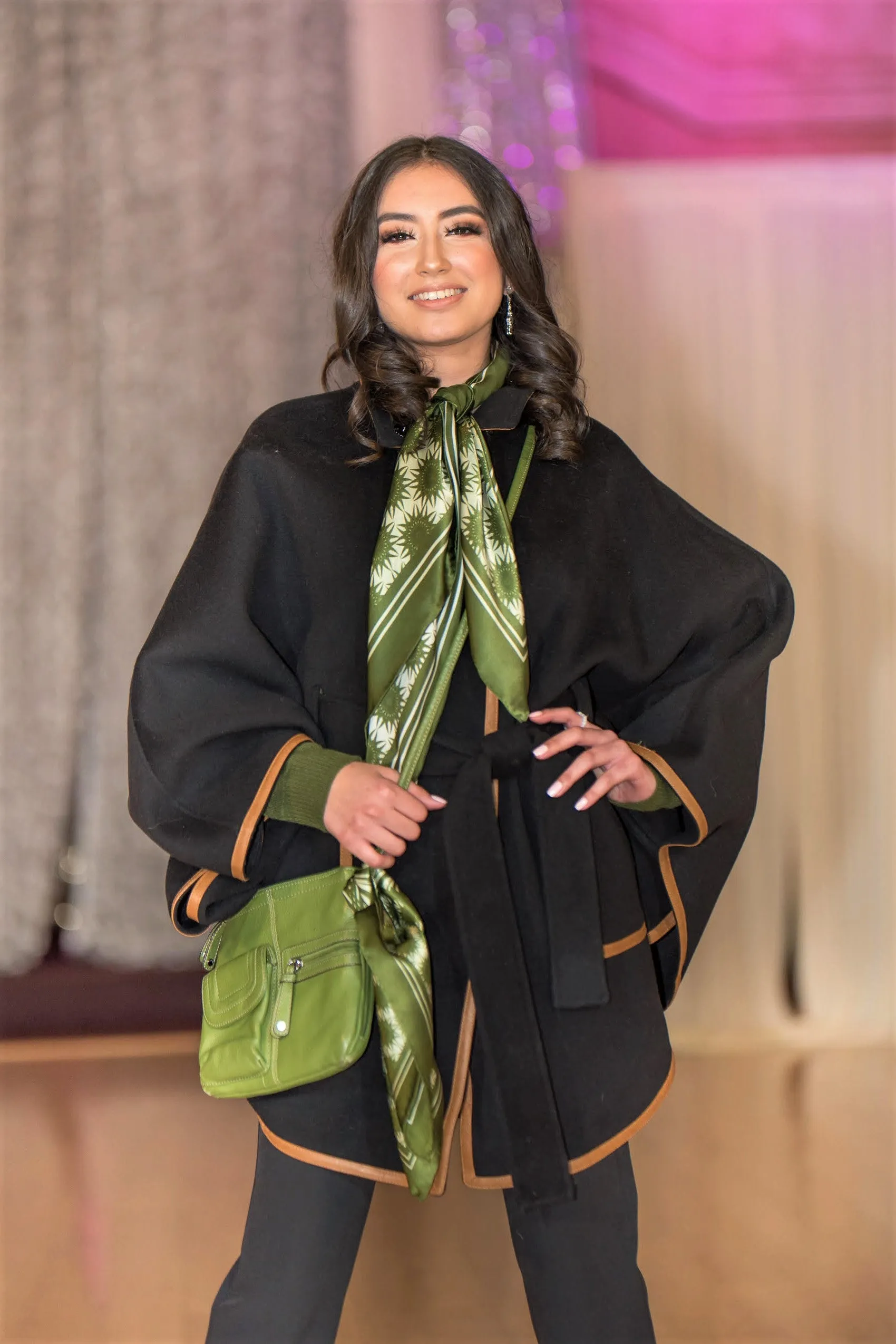 ALICE Black Belted Cape Coat in Virgin Wool Cashmere Black Leather