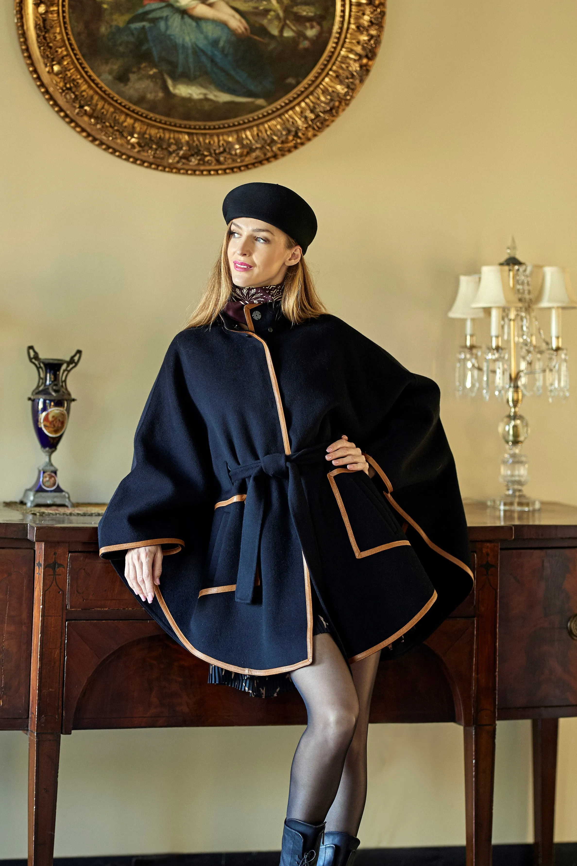 ALICE Black Belted Cape Coat in Virgin Wool Cashmere Black Leather