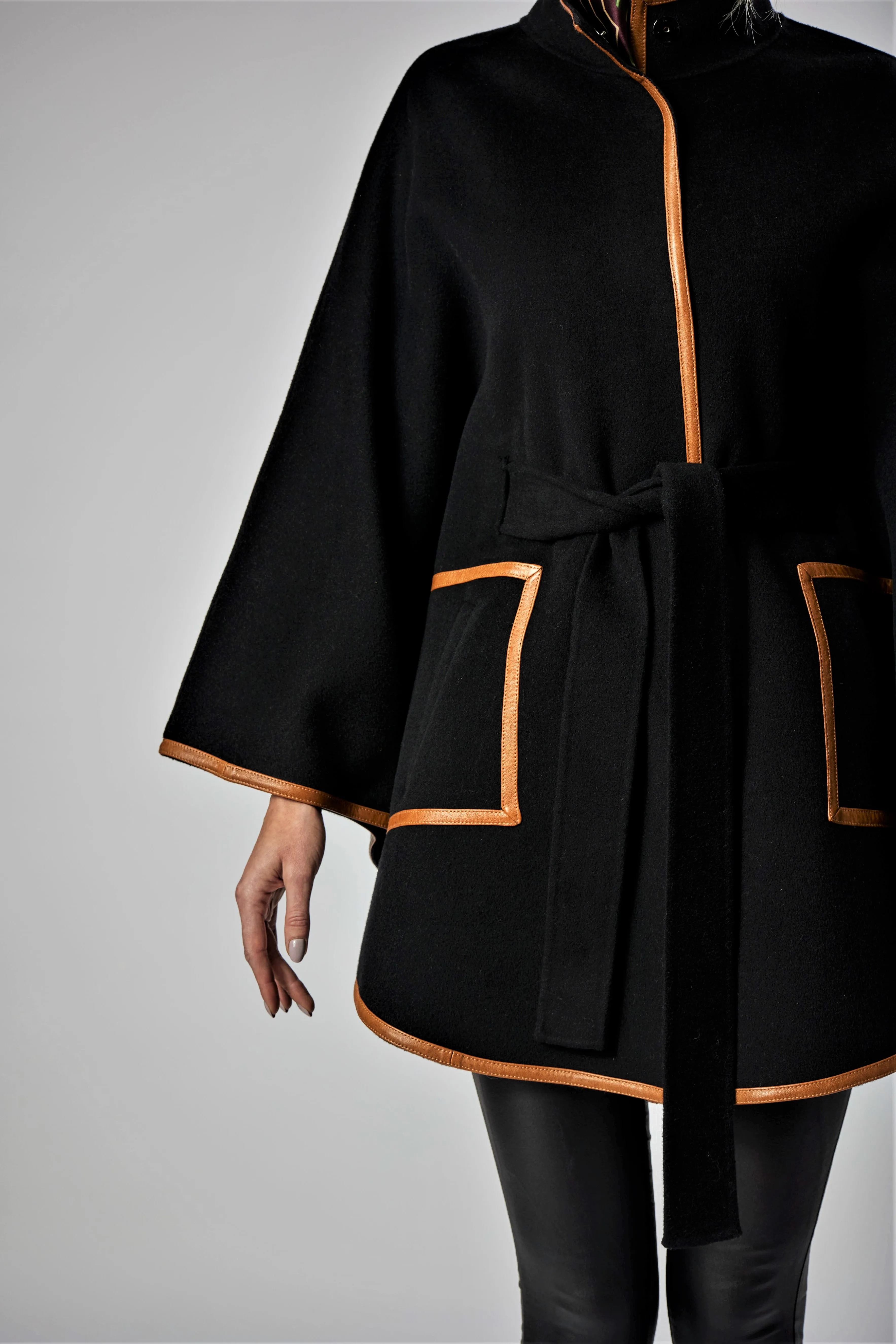 ALICE Black Belted Cape Coat in Virgin Wool Cashmere Black Leather