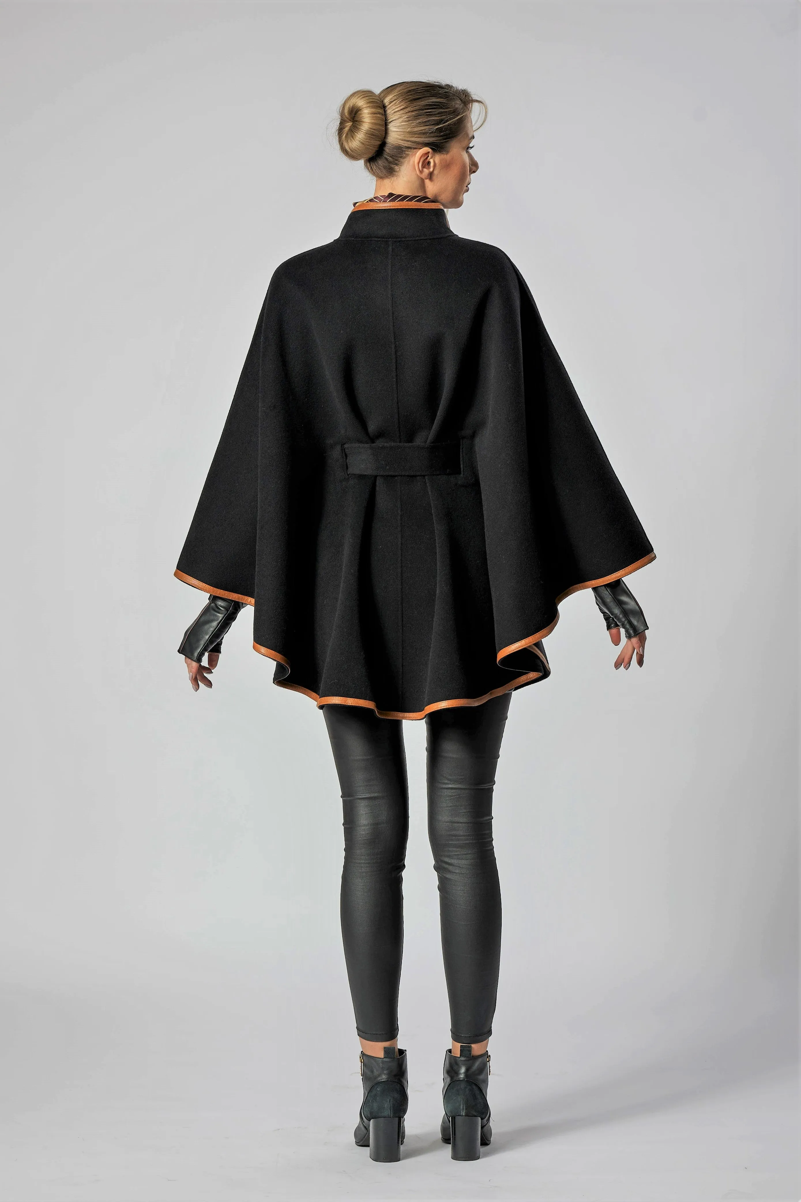 ALICE Black Belted Cape Coat in Virgin Wool Cashmere Black Leather