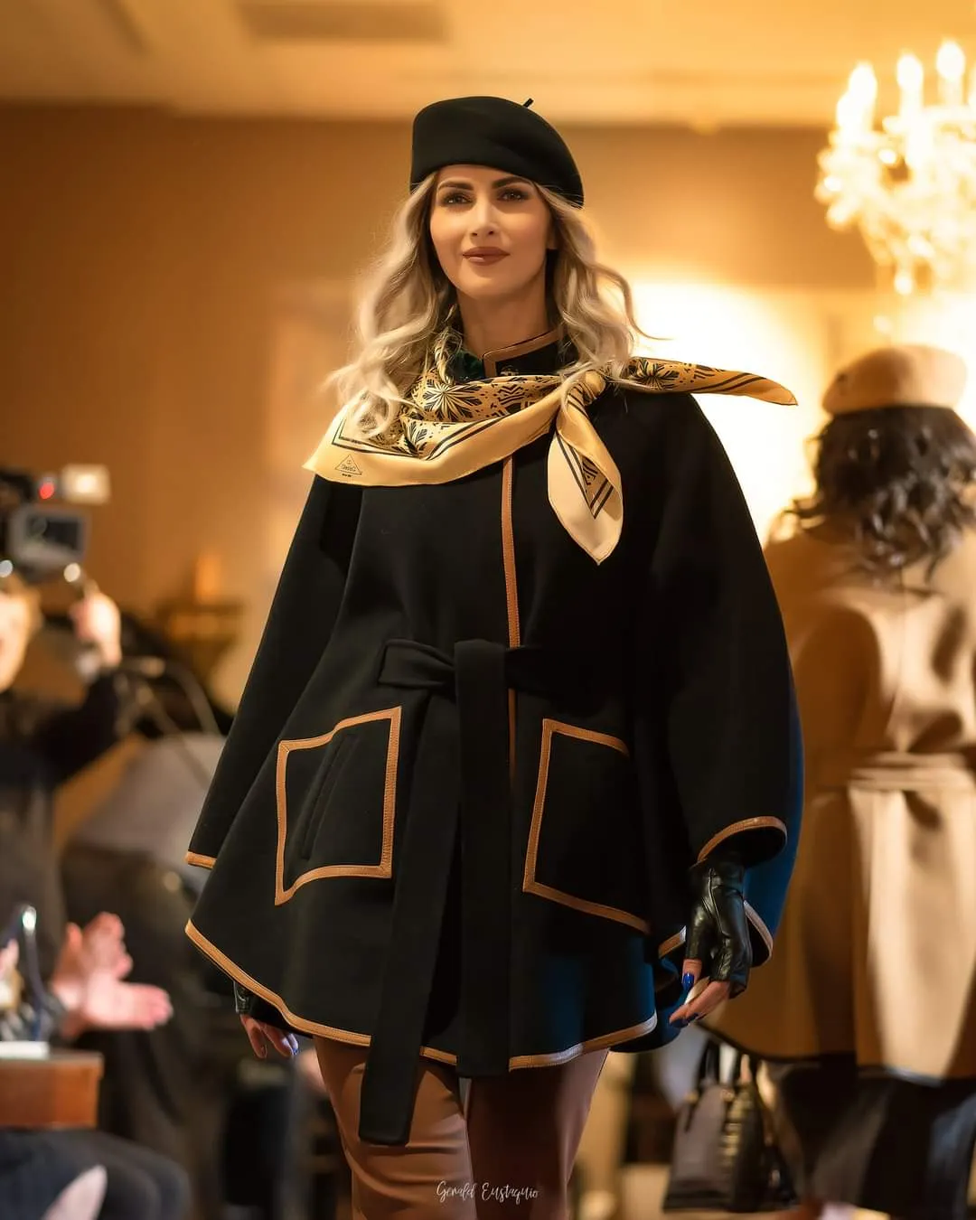 ALICE Black Belted Cape Coat in Virgin Wool Cashmere Black Leather