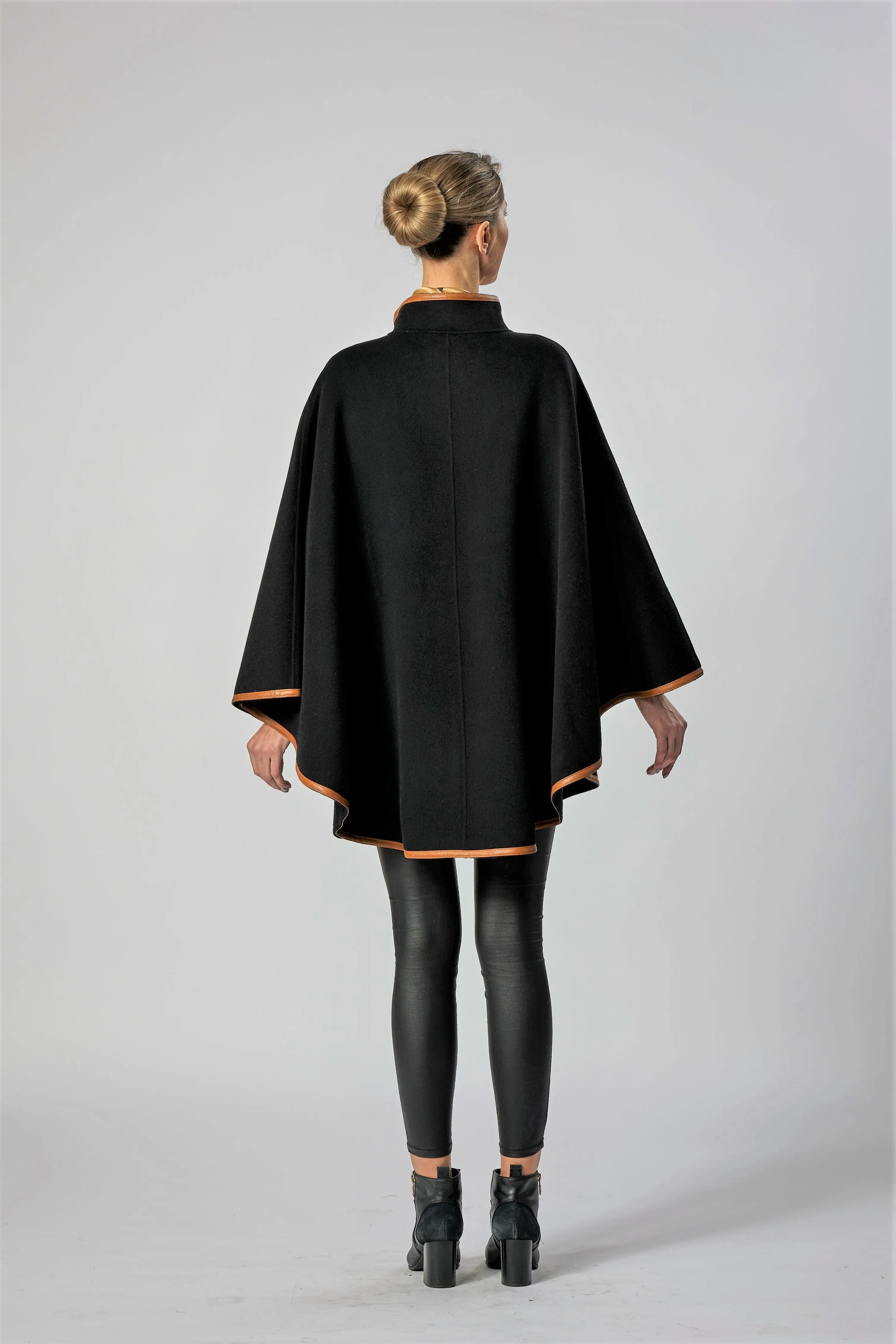 ALICE Black Belted Cape Coat in Virgin Wool Cashmere Black Leather