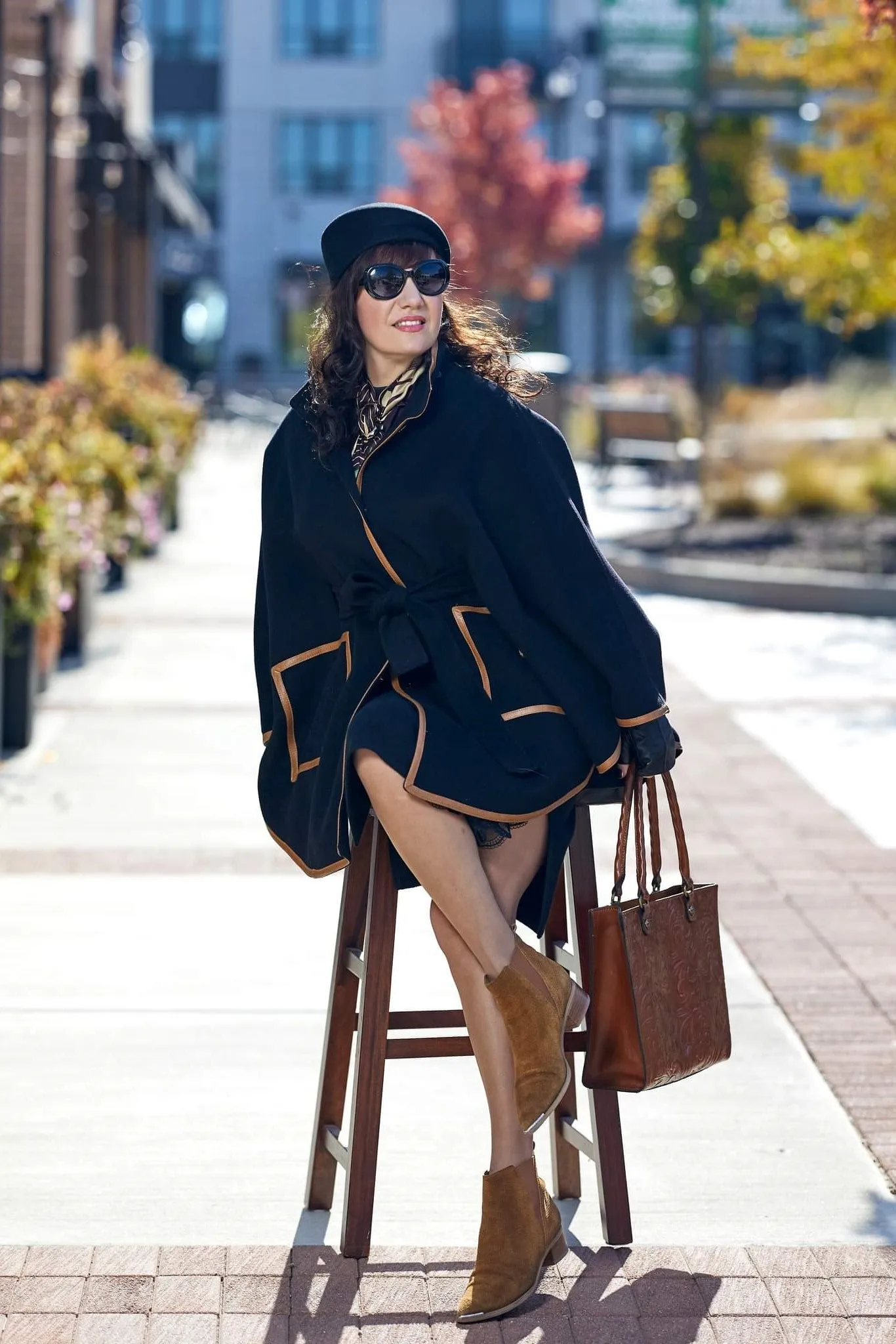 ALICE Black Belted Cape Coat in Virgin Wool Cashmere Black Leather