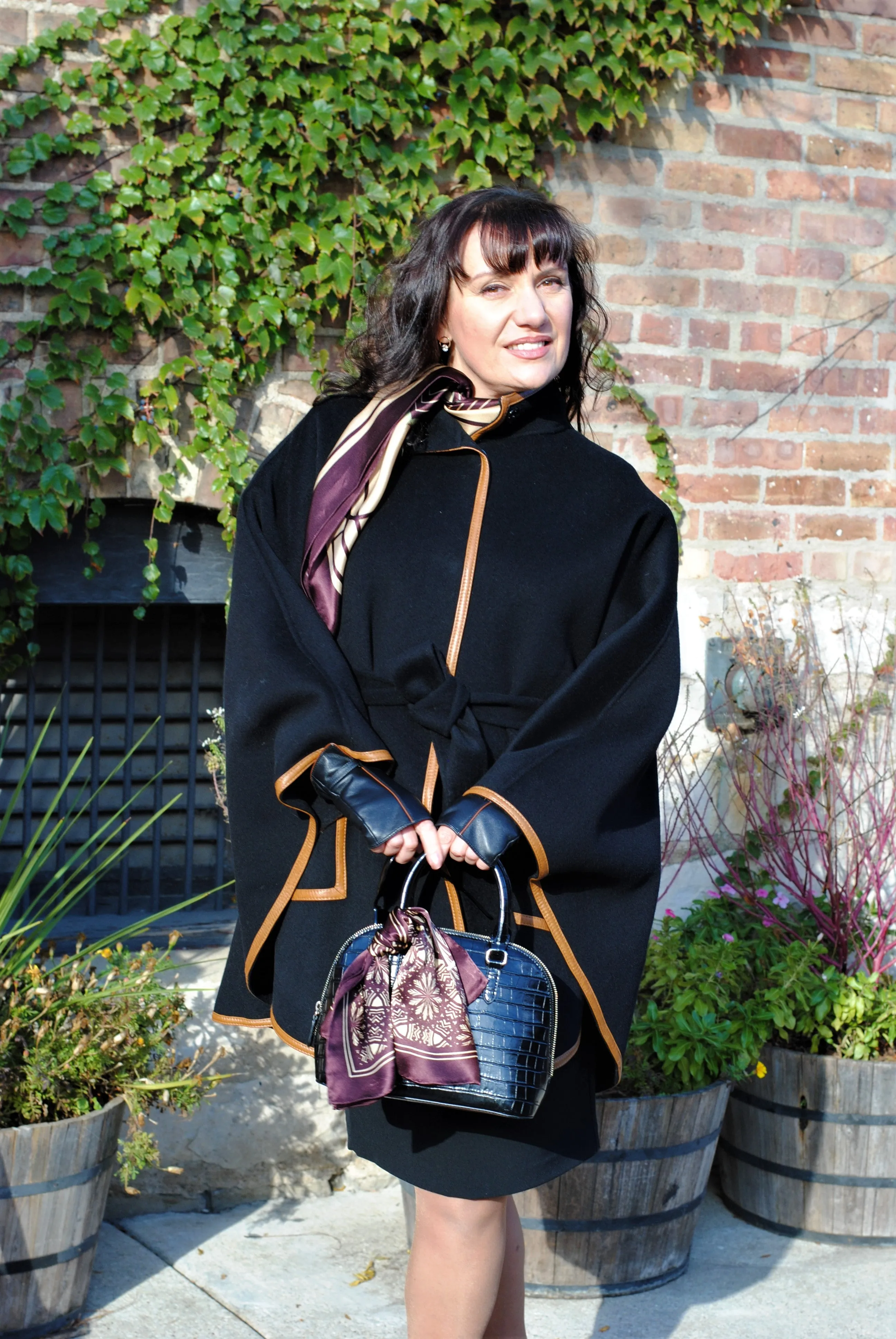 ALICE Black Belted Cape Coat in Virgin Wool Cashmere Black Leather