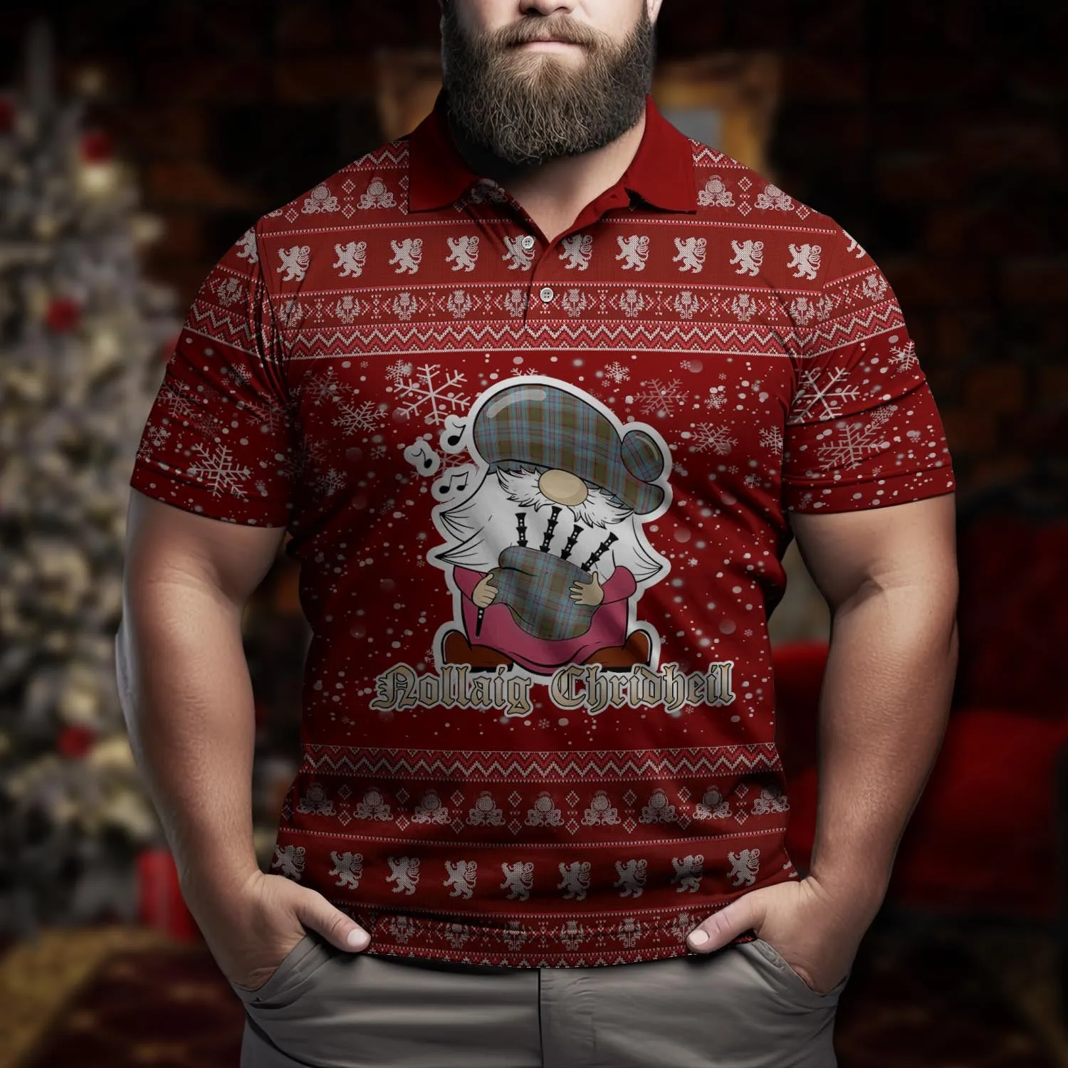 Anderson Clan Christmas Family Polo Shirt with Funny Gnome Playing Bagpipes