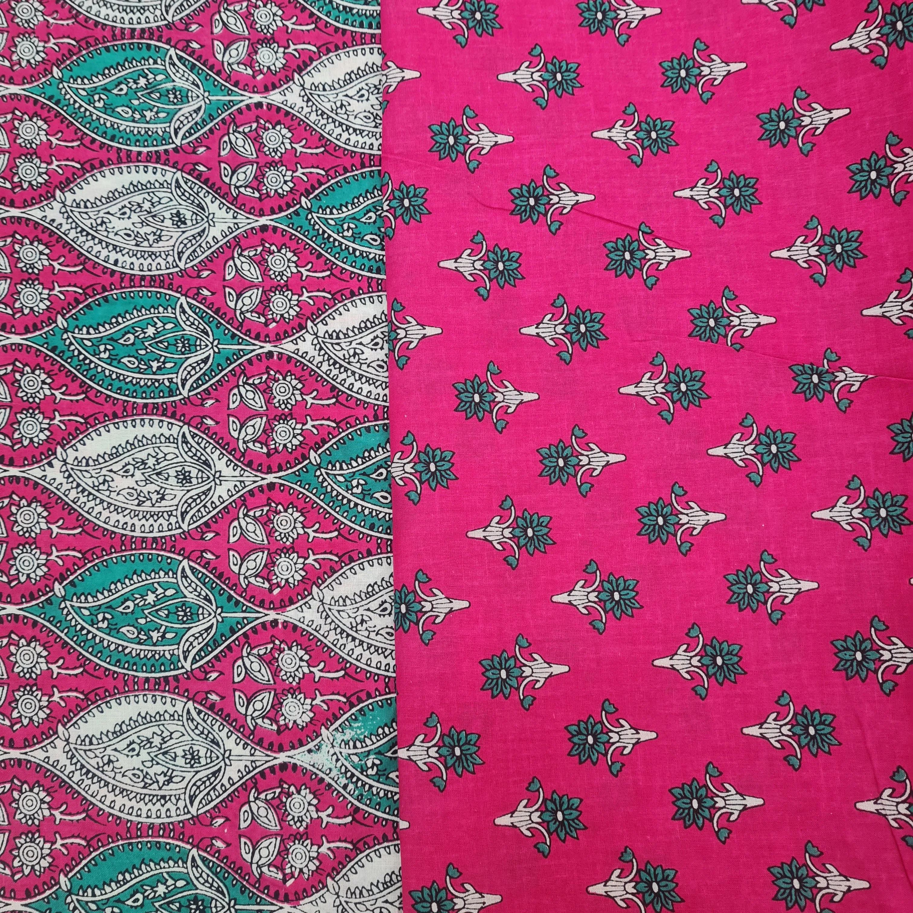 Blue Floral Print & Pink Traditional Print Cotton Suit Set