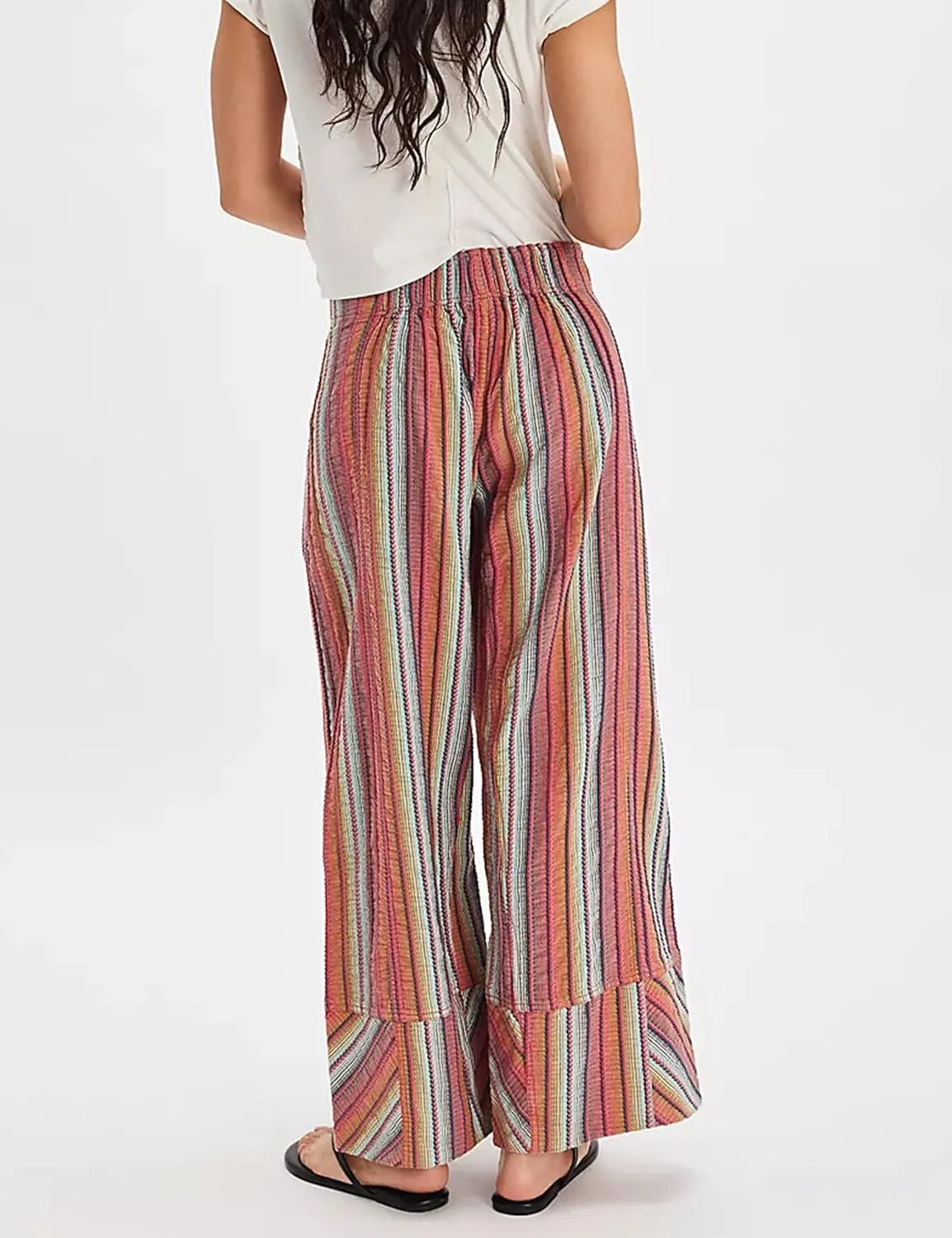Bozanly Women's Striped Wide Leg Lounge Pants Boho Elastic Waist Loose Casual Trousers with Pockets 2025