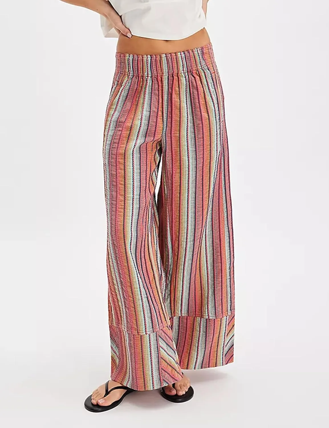 Bozanly Women's Striped Wide Leg Lounge Pants Boho Elastic Waist Loose Casual Trousers with Pockets 2025