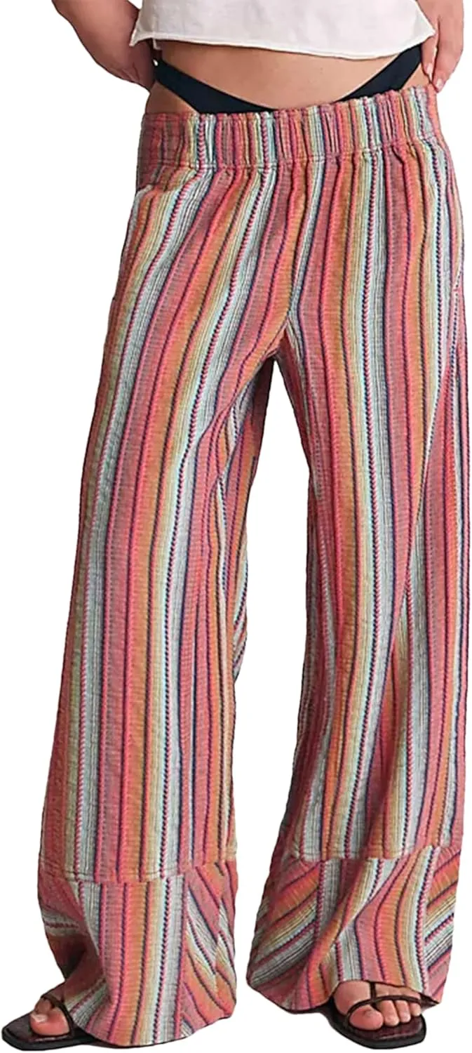 Bozanly Women's Striped Wide Leg Lounge Pants Boho Elastic Waist Loose Casual Trousers with Pockets 2025