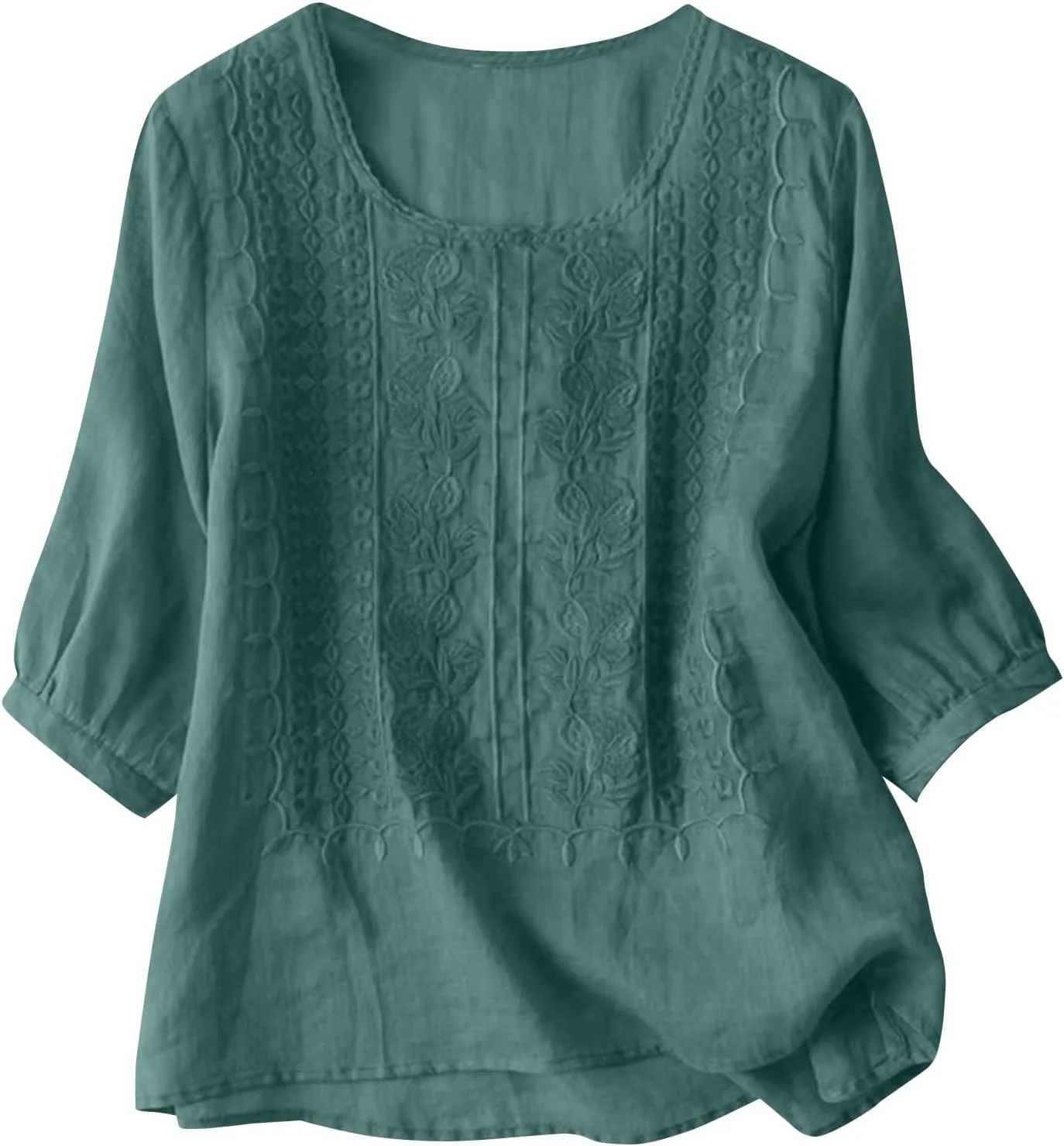 Cotton Linen Shirts for Women 2025 Trendy Summer Retro Embroidered 3/4 Sleeve Boho Blouse Dressy Casual Vacation Top
