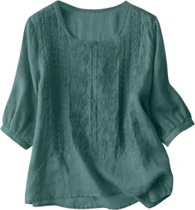 Cotton Linen Shirts for Women 2025 Trendy Summer Retro Embroidered 3/4 Sleeve Boho Blouse Dressy Casual Vacation Top