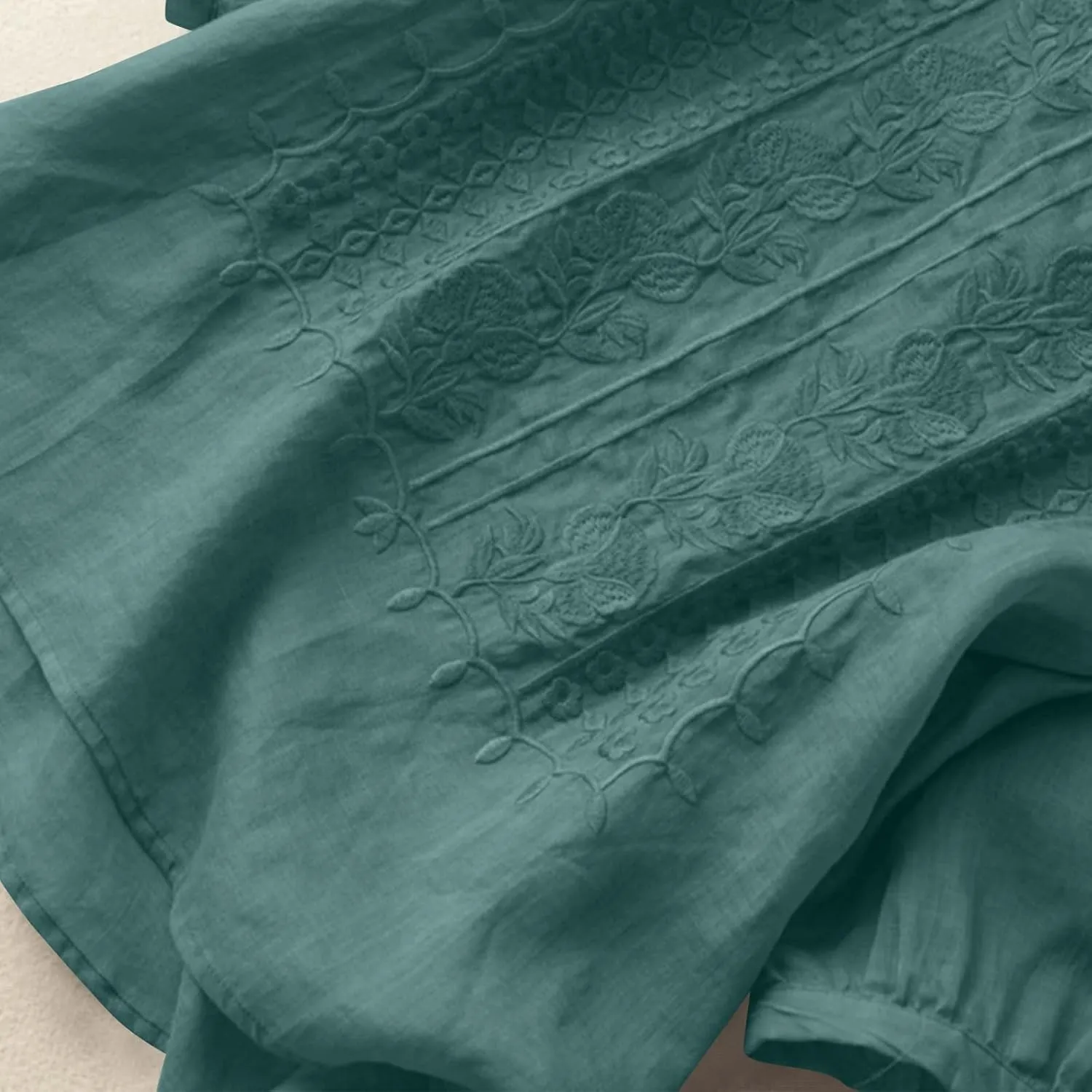 Cotton Linen Shirts for Women 2025 Trendy Summer Retro Embroidered 3/4 Sleeve Boho Blouse Dressy Casual Vacation Top