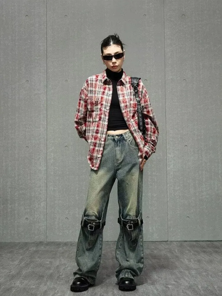 deanwangkt High Street Niche Design Wide Leg Washed Jeans For Men And Women, Straight Tube Loose Fitting Retro Pants, Trendy Women's Jeans