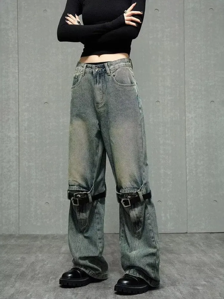 deanwangkt High Street Niche Design Wide Leg Washed Jeans For Men And Women, Straight Tube Loose Fitting Retro Pants, Trendy Women's Jeans