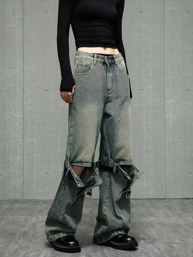 deanwangkt High Street Niche Design Wide Leg Washed Jeans For Men And Women, Straight Tube Loose Fitting Retro Pants, Trendy Women's Jeans