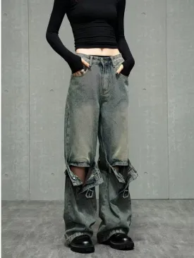deanwangkt High Street Niche Design Wide Leg Washed Jeans For Men And Women, Straight Tube Loose Fitting Retro Pants, Trendy Women's Jeans
