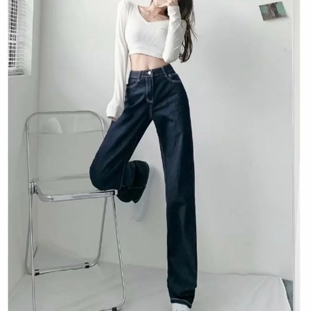 deanwangkt Women Pant Woman Jeans High Waist Denim Pants Wide Leg Denim Clothing Blue Jeans Vintage Quality  Fashion Straight Pants