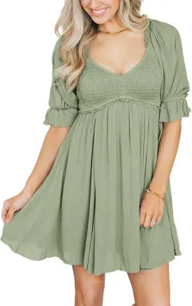 Dokotoo Womens Summer Dresses 2025 Short Sleeve Square Neck Smocked Elastic Waist Ruffle Tiered Casual Swing Mini Dress