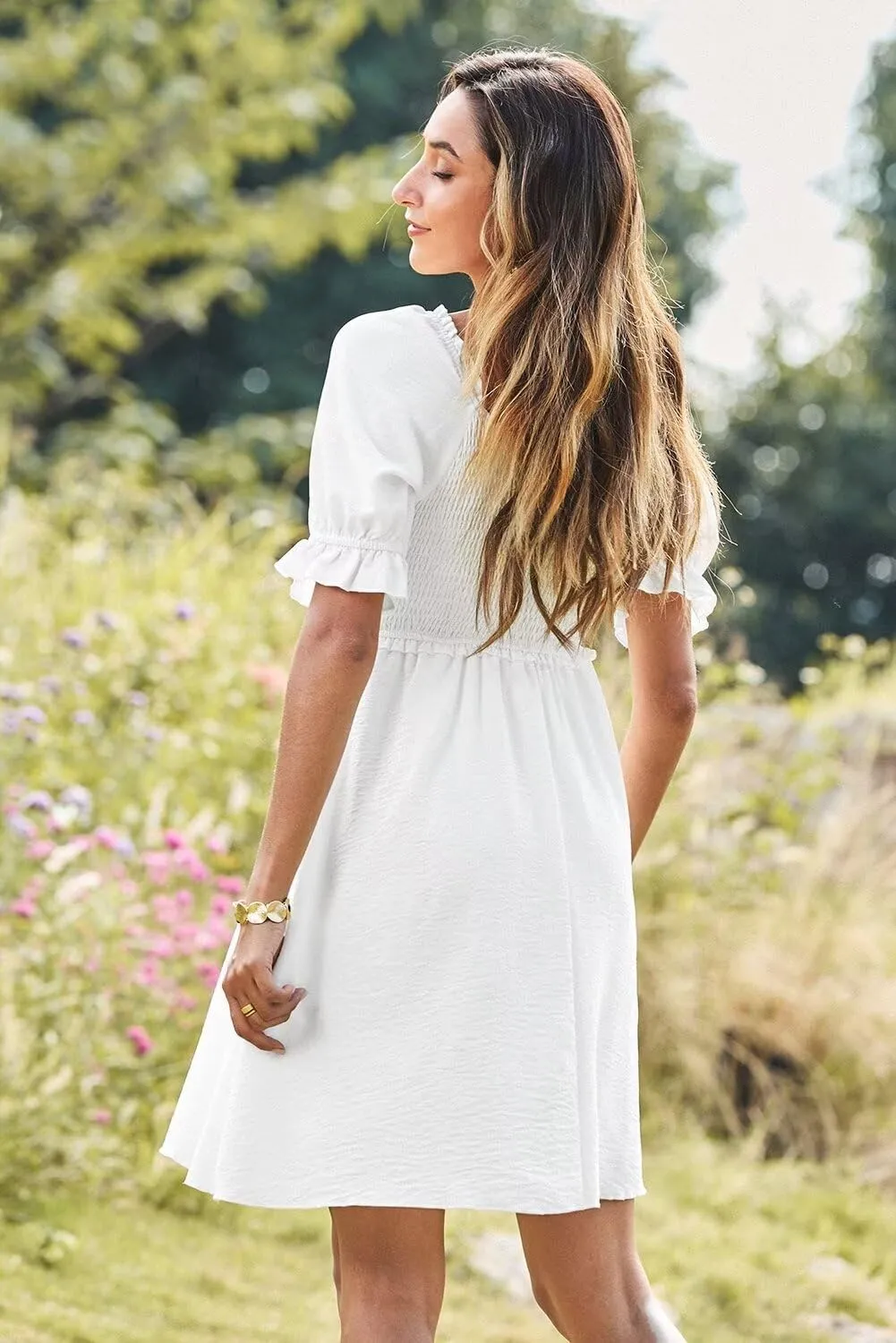 Dokotoo Womens Summer Dresses 2025 Short Sleeve Square Neck Smocked Elastic Waist Ruffle Tiered Casual Swing Mini Dress