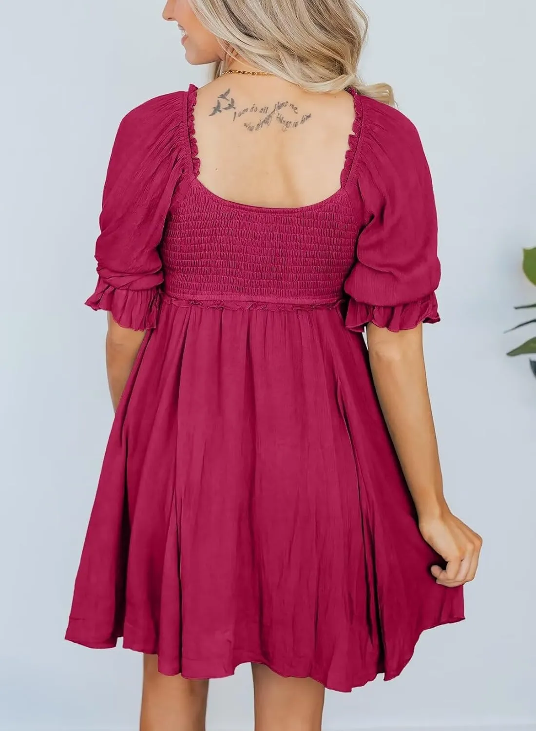 Dokotoo Womens Summer Dresses 2025 Short Sleeve Square Neck Smocked Elastic Waist Ruffle Tiered Casual Swing Mini Dress