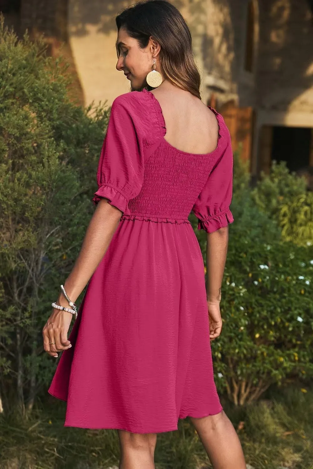 Dokotoo Womens Summer Dresses 2025 Short Sleeve Square Neck Smocked Elastic Waist Ruffle Tiered Casual Swing Mini Dress