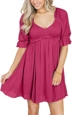 Dokotoo Womens Summer Dresses 2025 Short Sleeve Square Neck Smocked Elastic Waist Ruffle Tiered Casual Swing Mini Dress