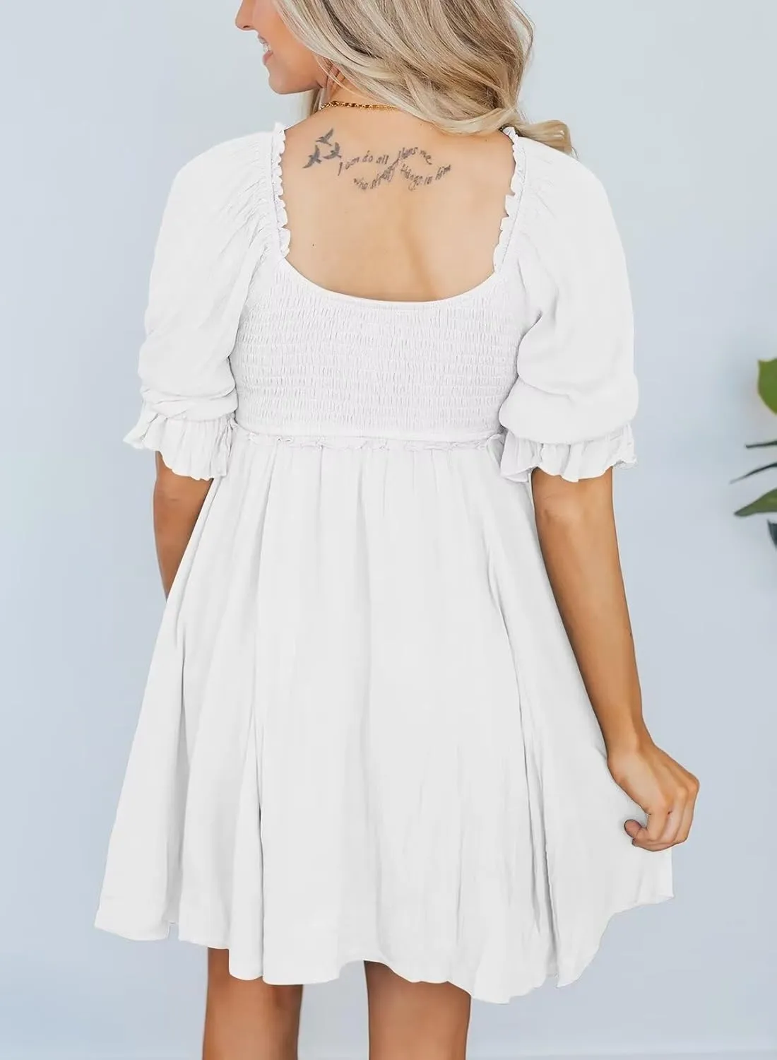 Dokotoo Womens Summer Dresses 2025 Short Sleeve Square Neck Smocked Elastic Waist Ruffle Tiered Casual Swing Mini Dress
