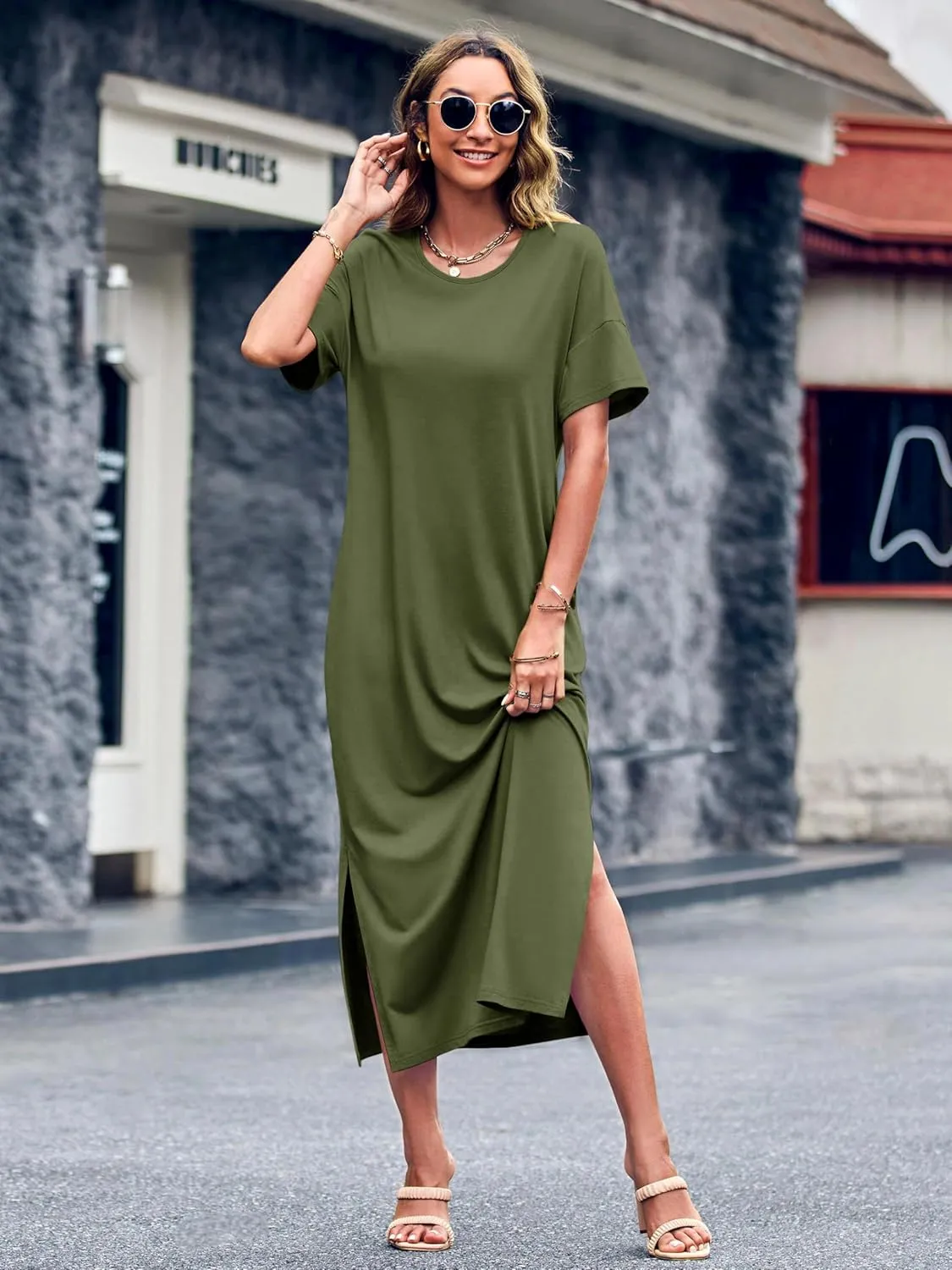 Dyexces Womens Summer T Shirt Dress Casual Drop Shoulder Round Neck Maxi Dresses Loose Side Slit Midi Dress with Pockets
