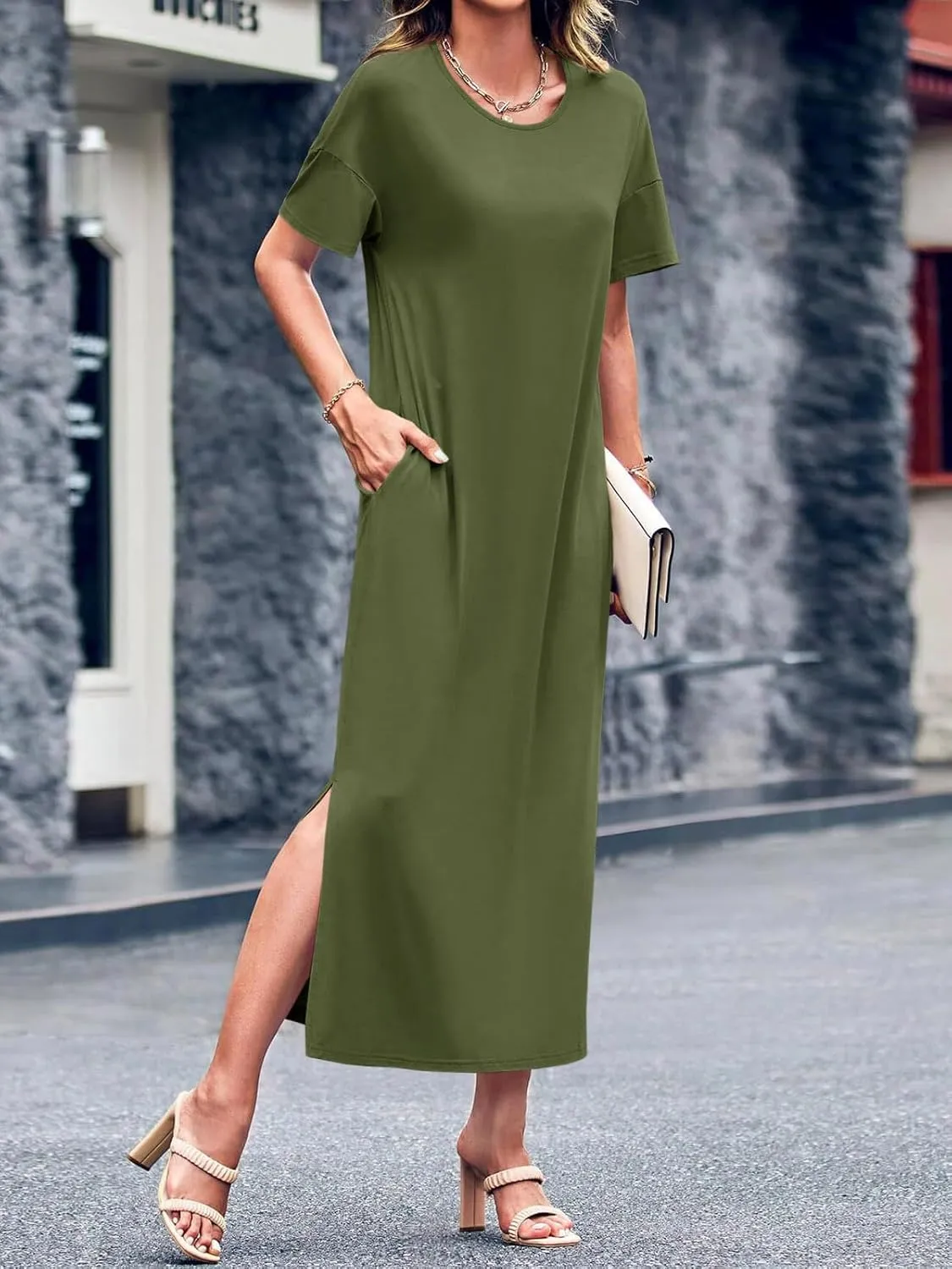 Dyexces Womens Summer T Shirt Dress Casual Drop Shoulder Round Neck Maxi Dresses Loose Side Slit Midi Dress with Pockets