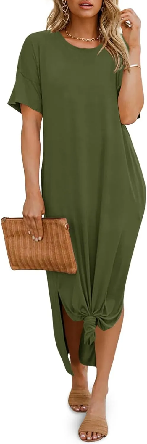 Dyexces Womens Summer T Shirt Dress Casual Drop Shoulder Round Neck Maxi Dresses Loose Side Slit Midi Dress with Pockets