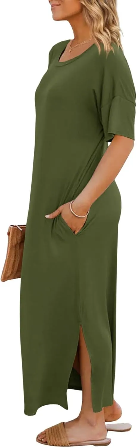Dyexces Womens Summer T Shirt Dress Casual Drop Shoulder Round Neck Maxi Dresses Loose Side Slit Midi Dress with Pockets