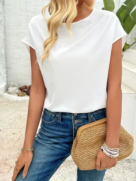 Fashion Bat-sleeve Plaid Fabric Round Neck Solid Color Base Simple Casual Shirt Summer T-shirt