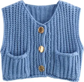 FindThy Womens Cropped Sweater Vest Cute Crewneck Button Down Sleeveless Crop Knit Cardigan with Pocket